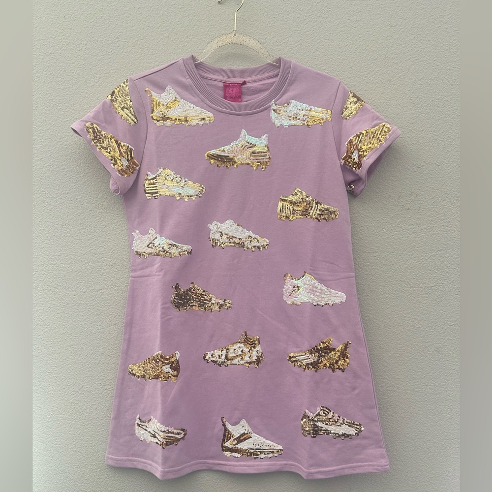 BRAND NEW • QUEEN OF SPARKLES • QOS • PURPLE GOLD WHITE FOOTBALL DRESS• SIZE XS
